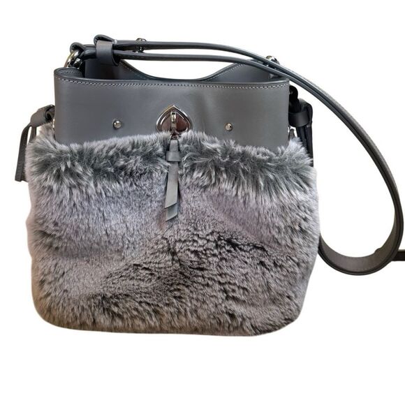Kate Spade Marti Faux Fur Small Bucket Bag  in Grey Cat - Picture 1 of 13